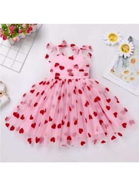 Pink Tulle Heart Print Dress with Red Hearts